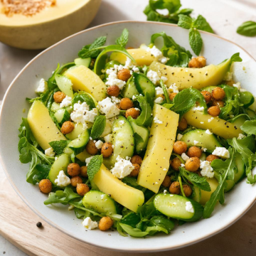 Rezept: Feta-Salat mit Melone, Gurke und knusprigen Kichererbsen