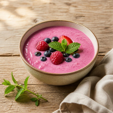 Speisequark Magerstufe 0,2 % Fett-Rezept: Frischer Beeren-Quark-Smoothie mit Minze