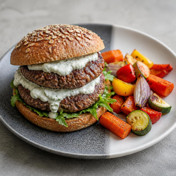 Clever Paprika Edelsüß-Rezept: Gesunder Rind-Hamburger mit Ofengemüse und Joghurt-Sesam-Sauce