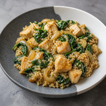 Krini aglio al naturale Knoblauchzehen naturell-Rezept: Hühnchen-Spinat-Pfanne mit Zwiebeln und Reis